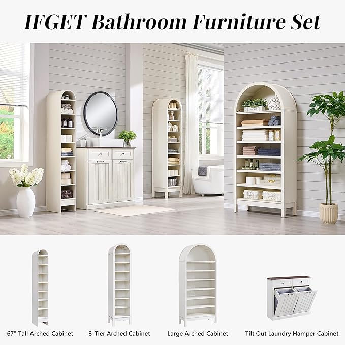 67" Tall Arched Shoe Storage Cabinet, 8 Tiers 8 Pairs Wooden Shoe Rack with 3 Adjustable Shelves, Freestanding Shoe Closet Shelf Organizer for Entryway, Hallway, Living Room (Antique White)-NeatNest