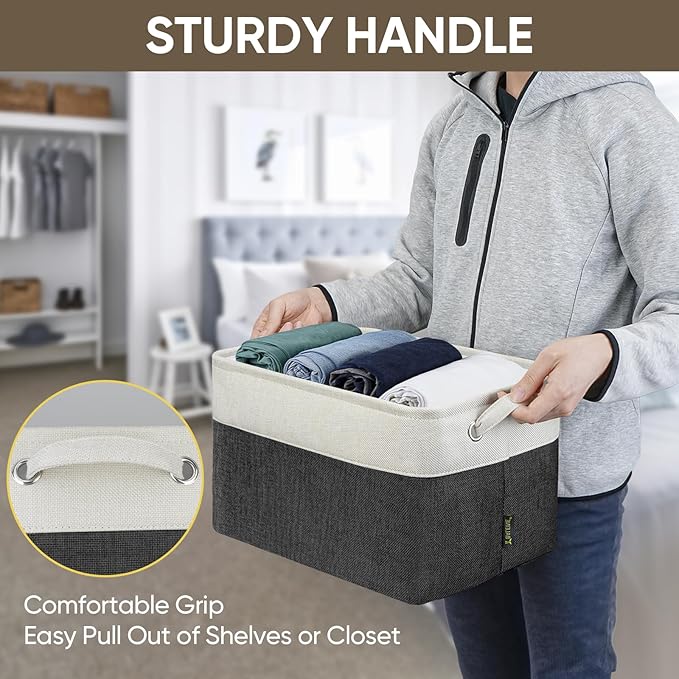 BALEINE 2 Pack Fabric Storage Bins for Shelves, Linen Storage Baskets for Organizing, Decorative Closet Bins for Clothes, Home (Black, 15"x11"x9.5")-NeatNest