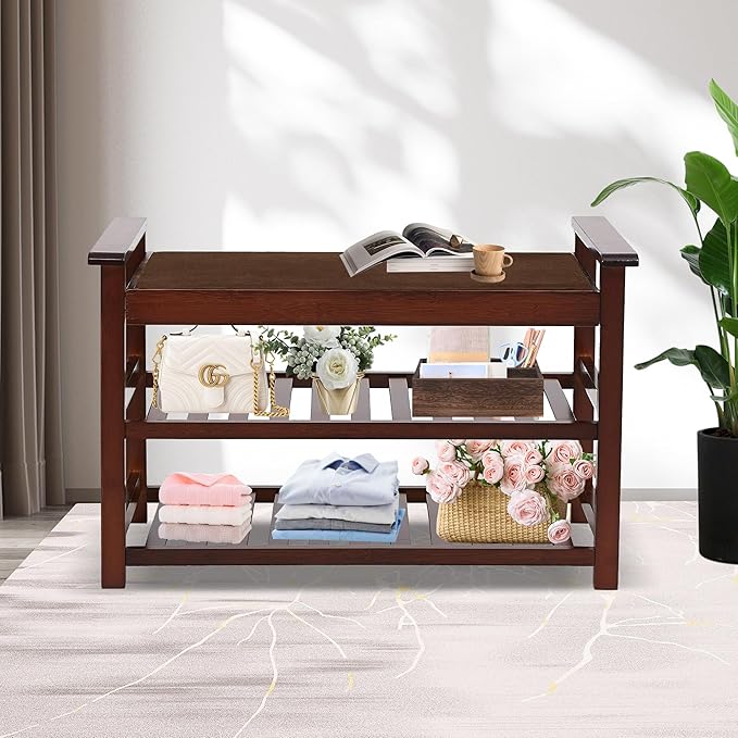 2-Tier Shoe Bench Shoe Rack Storage Organizer Hallway Bench，Top Have Cushion