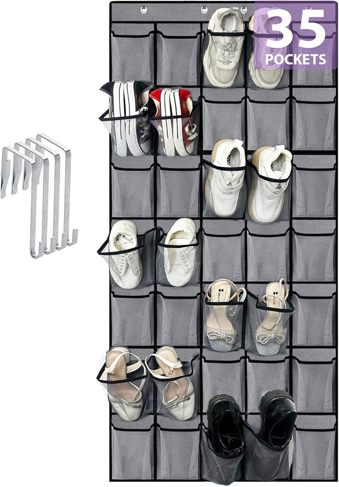 35 Large Pockets Over the Door Shoe Organizer, Extra Sturdy Oxford Fabric Hanging Shoe Rack for Door Closet, Wall Mesh Shoe Storage Holder for Mens Women Shoes (Grey)-NeatNest