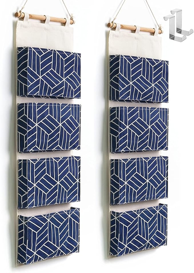 CROWNED 2Pcs Over Door Hanging Storage Bags Wall Mount Closet Organizer, 4 Big Pockets Linen Cotton Fabric Multi Functional Living Room Bedroom Bathroom File Magazine Waterproof Free Hooks Navy-NeatNest