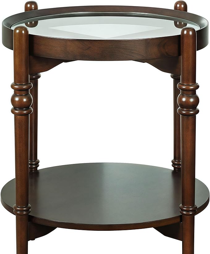 Glass End Table, 23" Round Side Tables with Tempered Glass Top and Solid Wood Frame, Small Night Stand for Living Room Office Apartment