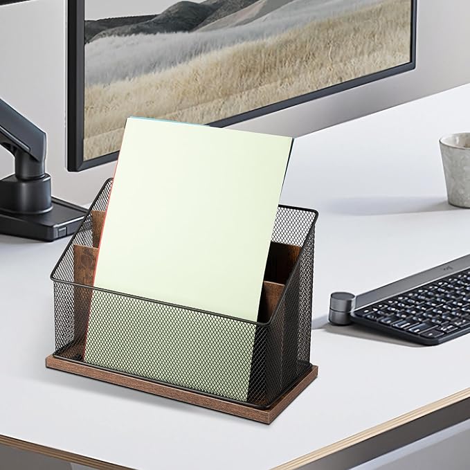 3-Tier Vertical File Storage with Retro Wooden Desk Mail Organizer and Metal Mesh Desktop Organizer for Home Office