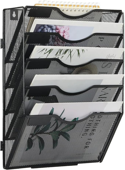 EasyPAG 5 Pocket Wall File Organizer, Black | Metal Mesh Wall Mounted File Holder | Assembly Hanging Mail Organizer | Replaceable Classify Labels | Office Home Letter Size Paper Storage