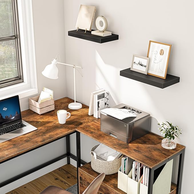 HOOBRO Floating Shelves for Wall, Wall Mounted Shelf Set of 2, 15.7" Hanging Shelf with Invisible Brackets, for Wall in Bathroom, Bedroom, Toilet, Kitchen, Living Room, Office, Black BK40BJ01-NeatNest