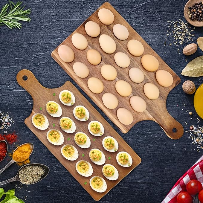 20 Holes Acacia Wood Deviled Egg Tray for Egg Holder Easter Gift Devilled Eggs Container Platter Wooden Cheese Charcuterie Board Devil Egg Serving Dish Carrier Hosting Kitchen Counter Plates