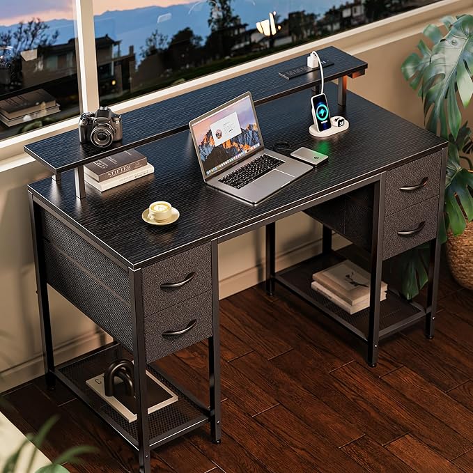 Huuger 47 inch Computer Desk with 4 Drawers, Gaming Desk with LED Lights & Power Outlets, Home Office Desk with Large Storage Space for Bedroom, Work from Home, Black-NeatNest