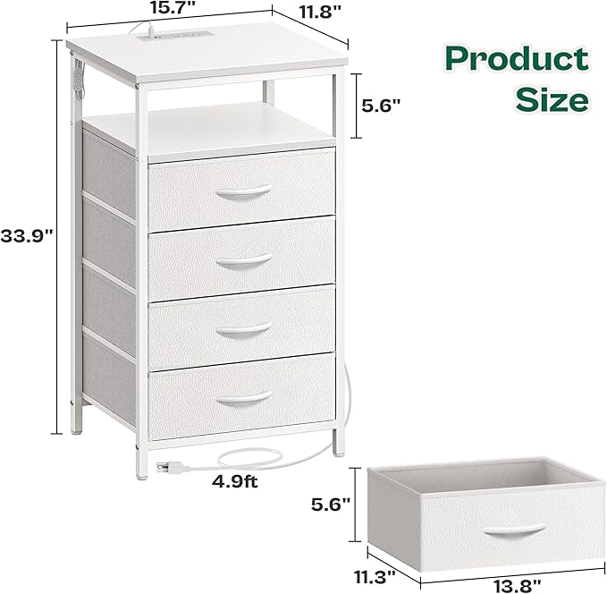 Huuger Night Stand with Charger Station and LED Lights, 4 Drawer Nightstand, Bed Side Table with Open Shelf, End Table, Fabric Dresser for Bedroom, PU Leather, White