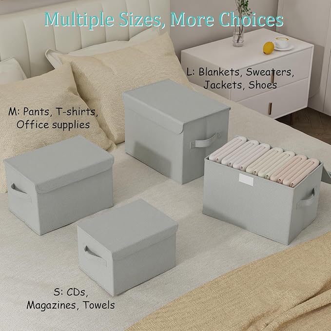 Foldable Storage Bin, Cube Organizer Basket with Flip-Top Lid and 2 Handles, Decorative Boxes for Shelves with Cover for Clothes, Towels, Blanket, 4 Pack, Grey, 13 x 9 x 7.9 In, XSNY12GM-4-NeatNest