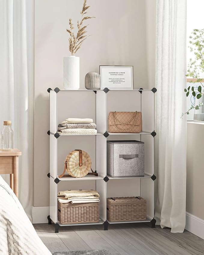 SONGMICS 6 Cube Storage Organizer, Modular Bookshelf, DIY Closet Organizers and Storage, Plastic Stackable Shelves, 14.6 x 13 x 13 Inch Cubes, with Feet and Rubber Mallet, White ULPC206W01