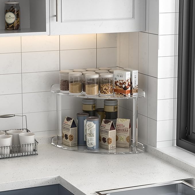 2 Tier Acrylic Corner Shelf Organizer Storage 9.5x9.5x8 Inch, Transparent Countertop Corner Shelf for Bathroom, Kitchen, Bedroom, Office, Study Room-NeatNest