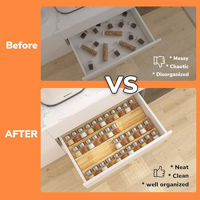 AMBIRD Bamboo Spice Drawer Organizer with Non-slip Mat,4 Tier - 2 Set Jar Spice Rack Tray From 9.5''to 19'', Seasoning Organizer for Kitchen,Cabinet,Drawers,Countertop-NeatNest