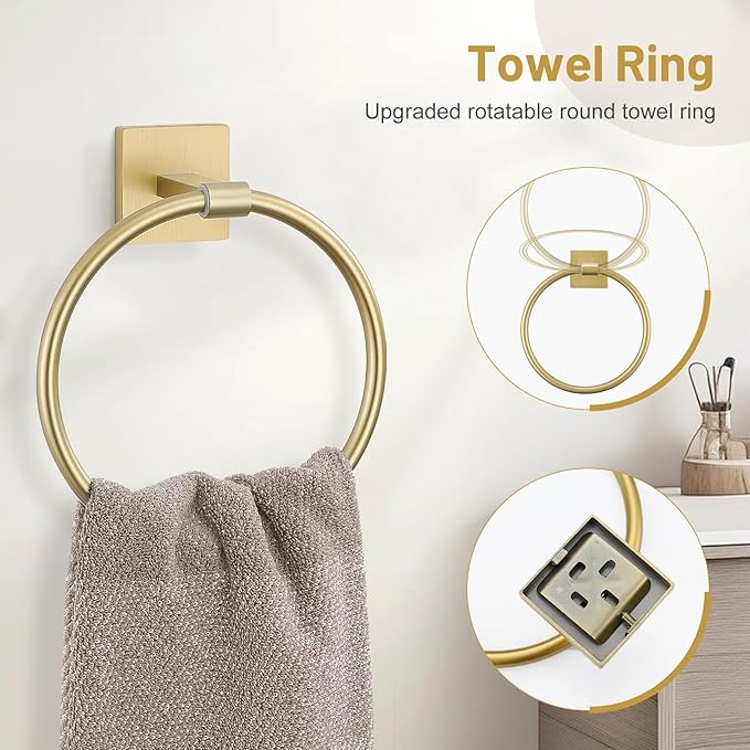 5 Pieces Bathroom Hardware Set Brushed Gold Towel Bar Set Includes 23.6” Towel Bar, Towel Ring Holder, Toilet Paper Holder and Two Towel Hooks, Bathroom Accessories Set SUS304 Wall Mounted