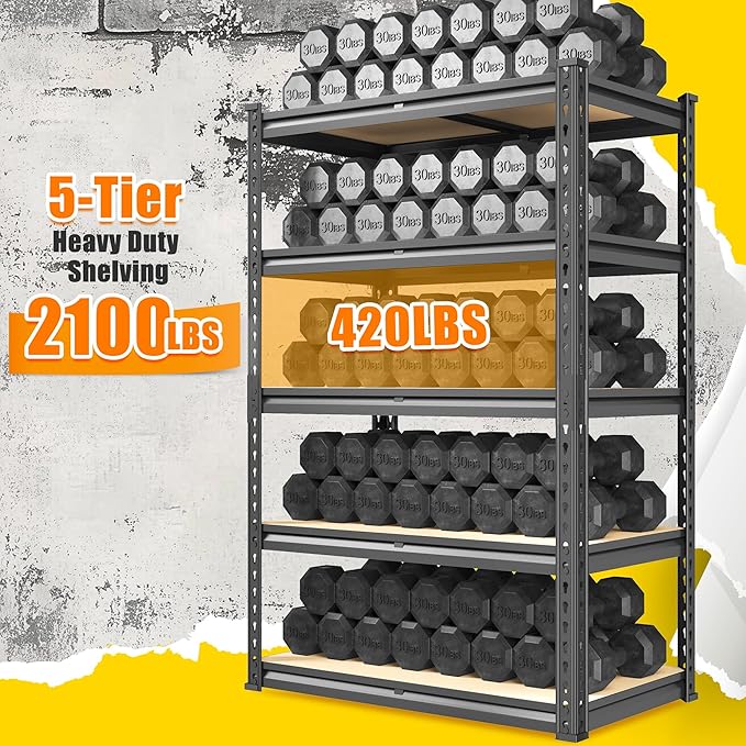 72.12" H Garage Shelving, Storage Shelves Load 2100LBS, 5-Tier Adjustable Shelving Unit with Thickened Wooden Boards for Multiple Scenarios, 72.12" H x 35.55" W x 11.85" D, Black, 2 Pack-NeatNest