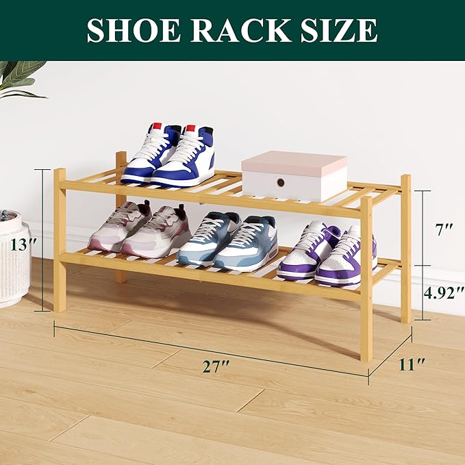Smiry Bamboo Shoe Rack for Closet, 2 Tier Wooden Stackable Shoe Organizer, Free Standing Shoes Storage Shelf for Entryway, Front Door Entrance, Natural-NeatNest