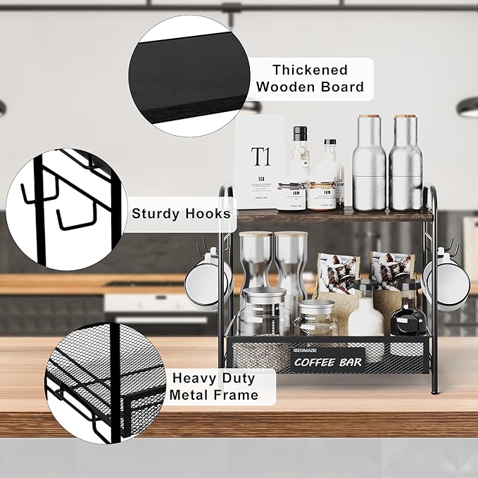 Coffee Bar Organizer for Countertop Station, Simple Assembly 2 Tier Shelf for Home,Office, Coffee Cup Holder Storage Organization for Counter Accessory Storage Rack with 4 Hooks Space-Saving-NeatNest