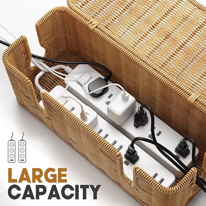 Cable Management Box,2 Open Slots Cord Organizer Hider Box with Lid,2 Pack Handwoven Imitation Rattan Cable Organizer Box for TV Wire Computer Router & Power Strip-B Style(Light Brown)