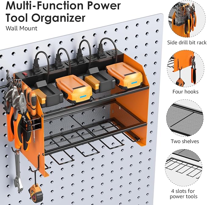 CCCEI Modular Power Tool Organizer Wall Mount with Charging Station. Garage 4 Drill Storage Shelf with Hooks, Drill Bit Heavy Duty Rack, Orange Tool Battery Holder Built in 8 Outlet Power Strip.-NeatNest