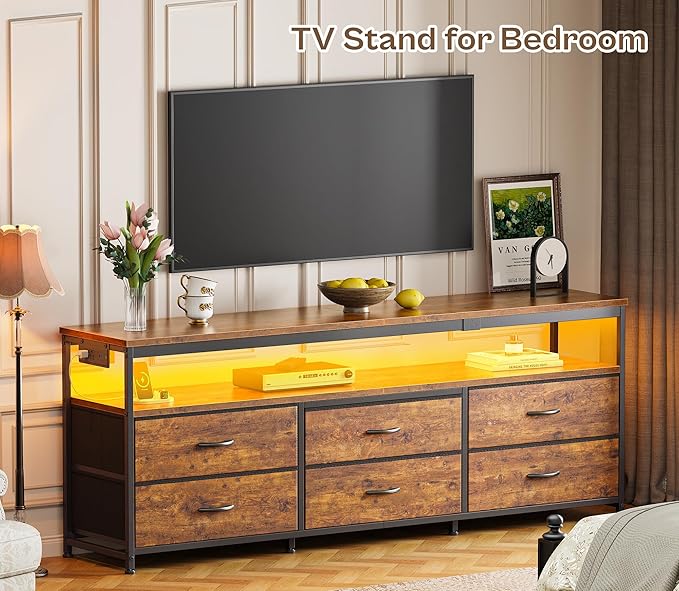 Huuger 63 Inch TV Stand for 55, 65, 70 Inch TV, Long Dresser TV Stand for Bedroom, LED TV Stand with Power Outlets, Rustic Fabric Drawer Dresser with Storage, Entertainment Center for Living Room-NeatNest