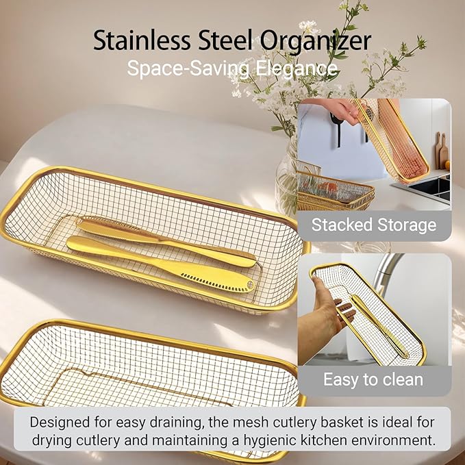 2-Pack Gold Flatware Organizer - Sturdy Mesh Design, Dishwasher-Safe & Easy-Clean Utensil Holder, Silverware Container Drawer Storage-NeatNest