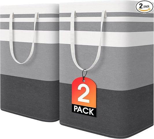 HomeHacks 2 Pack Large Laundry Baskets, Waterproof, Freestanding Laundry Hampers, Collapsible Clothes Hamper with Reinforced Handles in Laundry Room, College Dorm, Bathroom, Bedroom (Grey, 75Lx2)-NeatNest