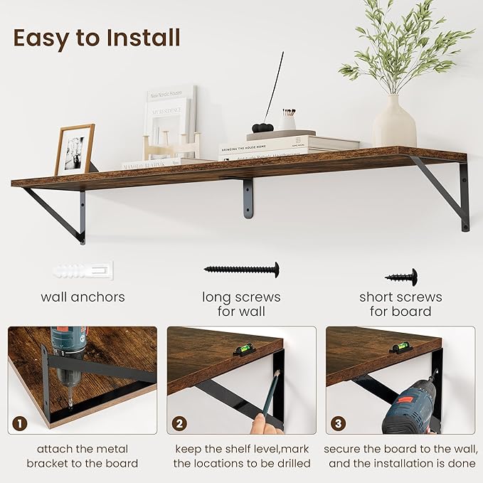 Fun Memories Deep Floating Shelves for Wall, 48W x 8D Wall Mounted Shelves Set of 2, Wide Display Ledge Shelf with Sturdy Metal Brackets for Living Room, Bathroom, Bedroom and Kitchen, Rustic Brown-NeatNest