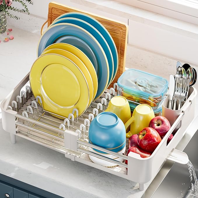 TOOLF Extendable Dish Rack, Dual Part Dish Drainers with Non-Scratch and Movable Cutlery Drainer and Drainage Spout, Adjustable Dish Drying Rack for Kitchen, 1 Piece White