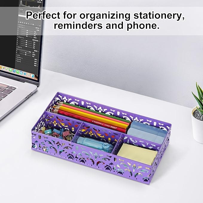 EasyPAG Desk Drawer Organizer with 4 Compartments, Carved Hollow Floral Metal Tray for Office, Jewelry, Cosmetics - No Assembly, Purple-NeatNest