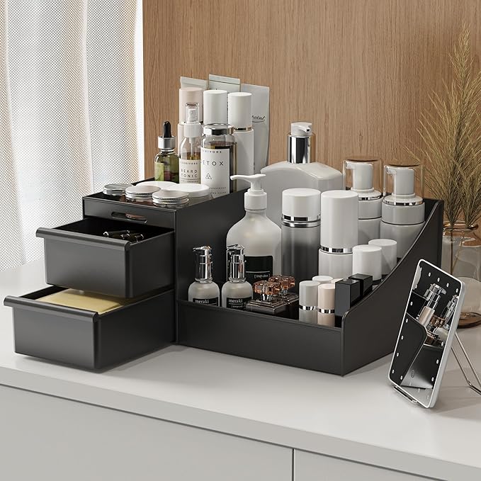 Makeup Organizer Countertop, Vanity Organizer with Drawers for Cosmetics, Skincare, Brushes, Perfume, Skincare Organizer for Vanity, Perfume Organizer for Dresser, Bathroom (Black&2 Drawers)-NeatNest