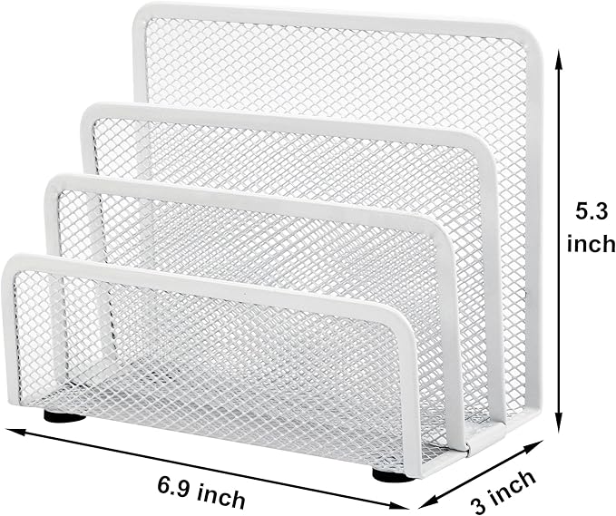 EASEPRES Desk Mail Organizer, Office Small Desktop Metal Mesh Envelope Letter Sorter Paper File Holder Organizer with 3 Vertical Upright Compartments, White 2 Pack