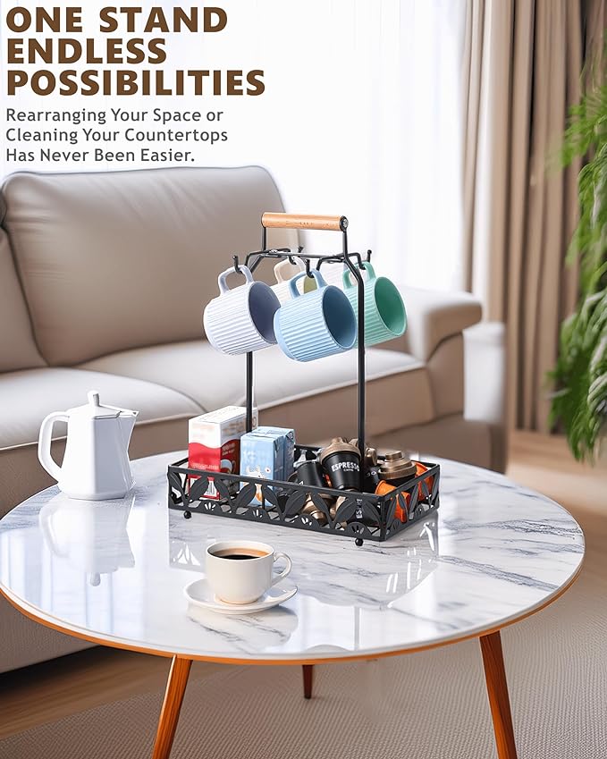 Coffee Mug Holder for Countertop, Mug Tree & Mug Rack with Storage Basket, 2-in-1 Organizer Holds 4 Large Mugs, Kitchen Cup Holder for Coffee Bar Accessories, Pods & Tea Bags, Black Metal with Handle-NeatNest