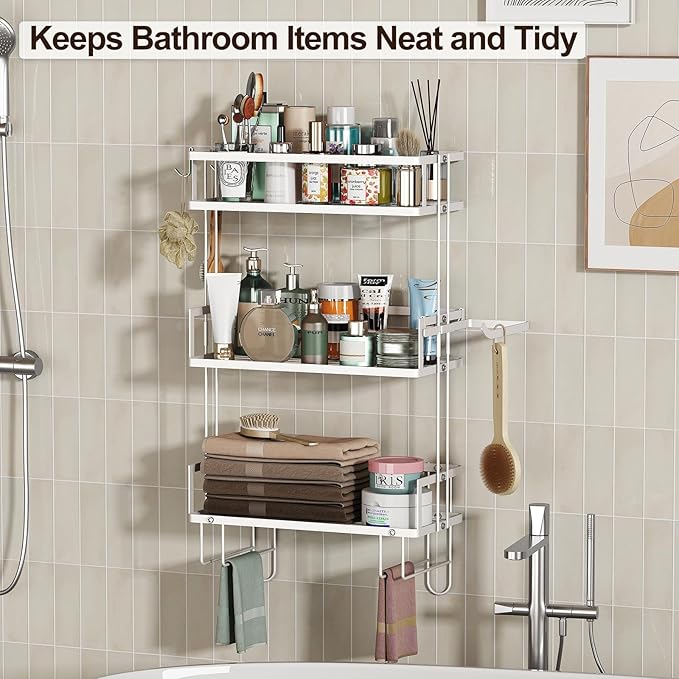 Godboat Bathroom Organizers and Storage, 3-Tier Over The Toilet Storage, Wall Shelf with Paper Holder and 2 Hooks, No Drilling Cool Decor and Home Decor, Gifts for Women, Mom, Mothers Day (White)-NeatNest