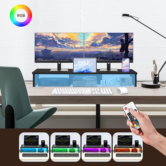 TV Riser Stand with LED Lights, 42.5in Super Large Monitor Stand with Phone Tablet Holder, Tabletop TV Stand Riser for Desk, Desktop Organizer for Computer, TV, Laptop, Printer