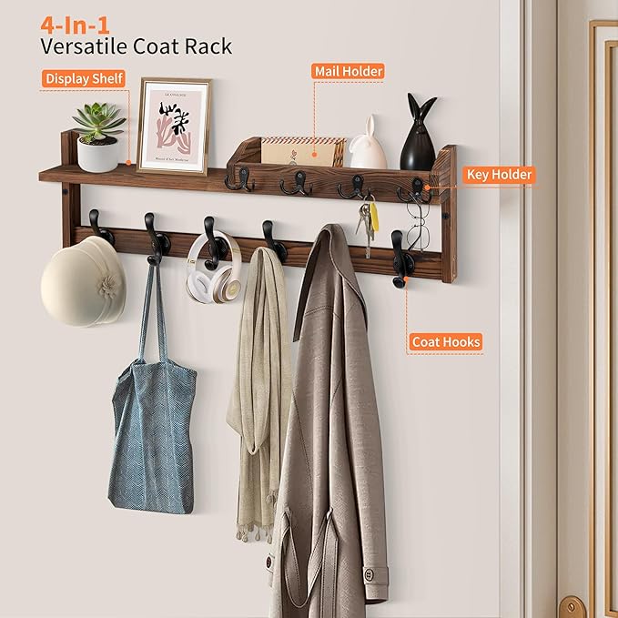 Coat Rack Wall Mount with Shelf, 27.5" Entryway Wall Hanging Shelf, Coat and Key Hanger with 10 Dual Hooks, Mail Organizer and Key Holder Hat Rack for Wall, Wood Coat Hooks with Storage-NeatNest