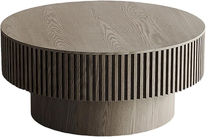 kevinplus 31.5'' Round Coffee Table Modern Wood Coffee Table with Storage Space for Living Room, Contemporary Circle Fluted Drum Pedestal Style, Easy Assembly, Gray (ø31.49'' x 14'')