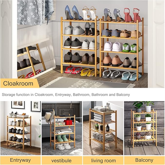 Small Shoe Rack, 4-Tier Bamboo Stackable Shoe Shelf Storage Organizer, Shoe Stand for Closet, Entryway and Hallway-NeatNest