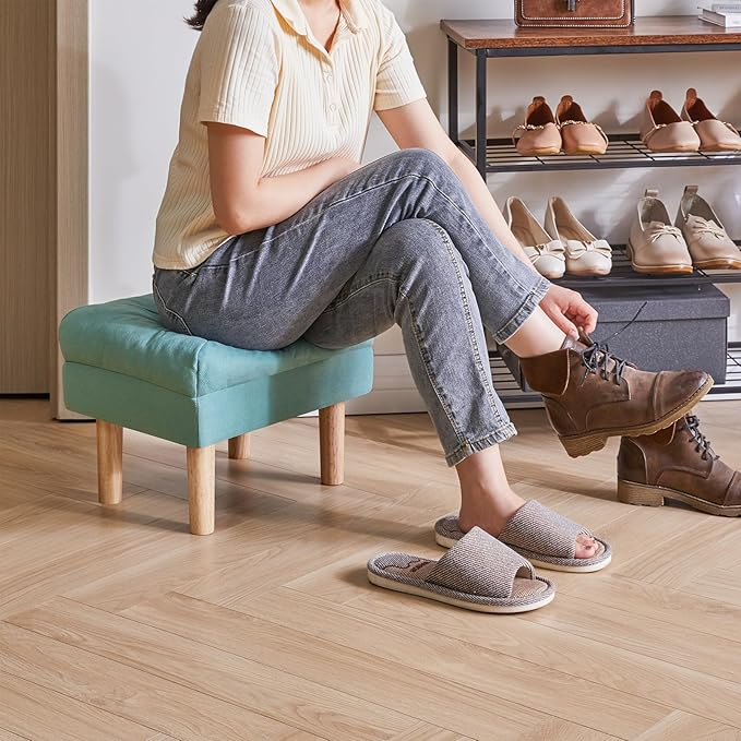 YMYNY 15.75" Small Footstool Ottoman, Footrest with Sponge Padded Seat, Step Stool for Sofa, Bedroom, Living Room, Entryway, Modern Change Shoes Stool, Wood Legs, Greenish Blue, UHBD023T