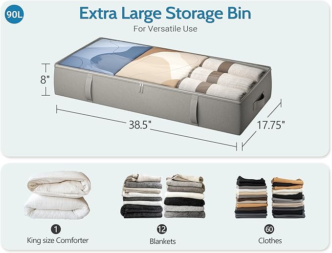 2-Pack Under Bed Storage Containers, 8 Inches Tall Underbed Clothes Storage Organizer Bin with Sturdy Sidewalls/Bottom, Under the Bed Storage Bags 2 Storage Bins, Light Grey-NeatNest