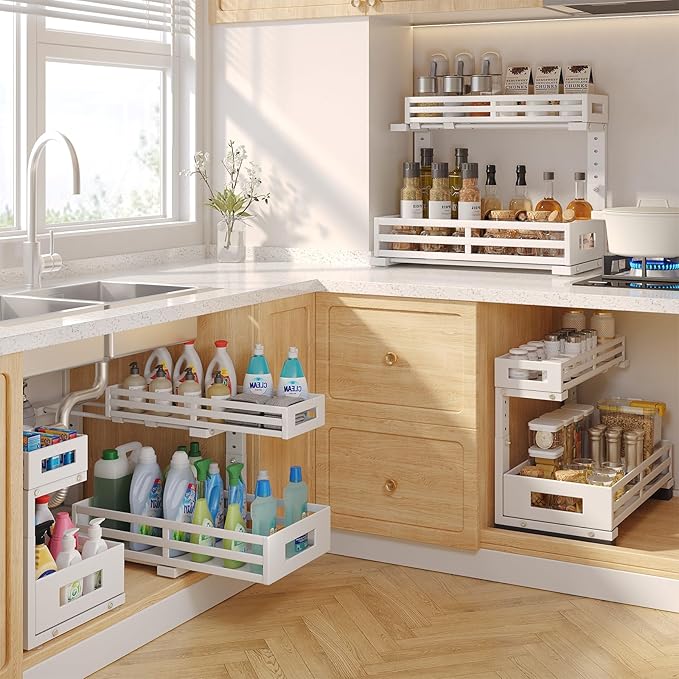 2-Pack 17"Deep Under Sink Organizer And Storage, 2-Tier L-Shaped Pull Out Cabinet Organizer with Upgraded Slide Rails, Height Adjustable Drawers for Kitchen&Bathroom, Extra-Large Storage Shelves–Gray-NeatNest