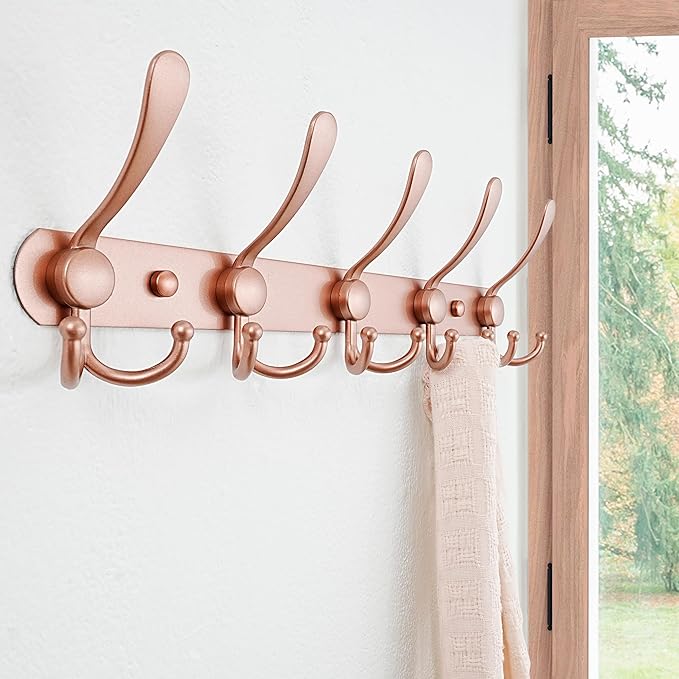 Dseap Coat Rack Wall Mounted - 5 Tri Hooks, Heavy Duty, Stainless Steel, Metal Coat Hook Rail for Coat Hat Towel Purse Robes Mudroom Bathroom Entryway, Rose Gold-NeatNest