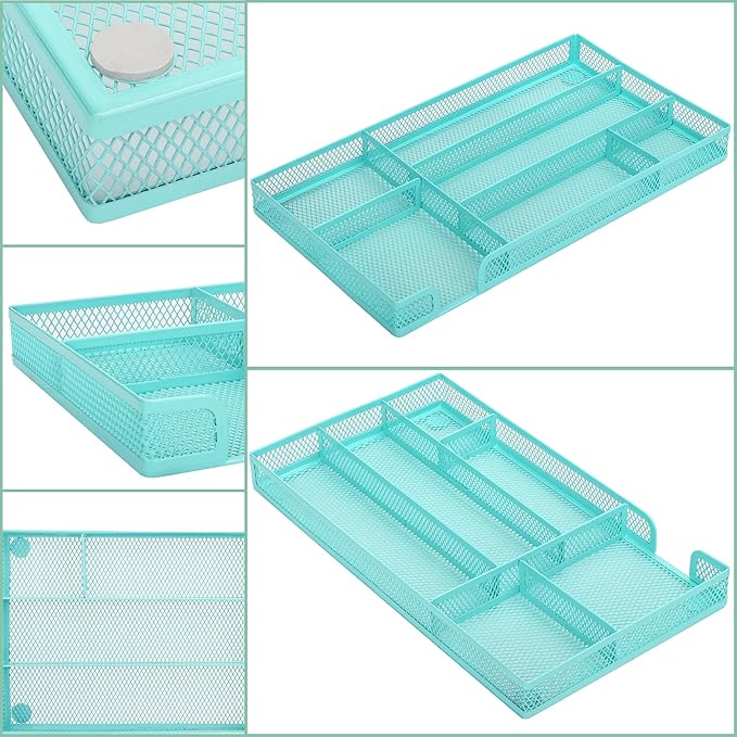 Annova Desk Drawer Organizer Tray for Office Organization - Metal Mesh - Storage Tray with Dividers for Pens, Desktop Accessories, Bathroom, Kitchen, Makeup and Office Supplies (Small, Turquoise)-NeatNest