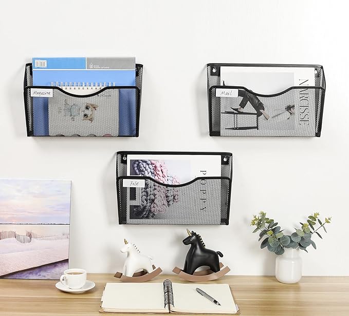 EasyPAG 6 Pack Wall File Holder with Label Panel, Single Mesh Hanging File Organizer for A4 Letter Size Paper, Wall Mount Paperwork Basket for Office, Home, School, Black