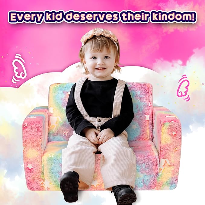 ALIMORDEN 2-in-1 Flip Out Cuddly Sherpa Toddler Couch, Convertible Sofa to Lounger,Glow-in-The-Dark Unicorn Pattern-NeatNest