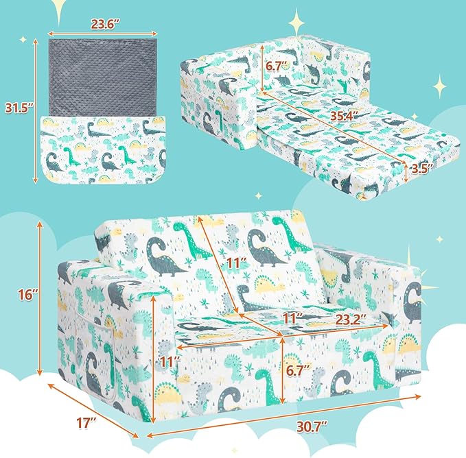 ALIMORDEN Fold Out Toddler Couch, Extra Wide Comfy 2-in-1 Cuddly Sherpa Sofa for Kids, with Removable Baby Friendly Blanket, Convertible Sofa to Bed, Dinosaur-NeatNest