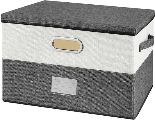 Large Linen Fabric Foldable Storage Bins with Removable Lid and Handles, Washable Storage Box Organizer Containers Baskets Cube with Cover for Bedroom,Closet,Office,Nursery(Grey&Cream, Medium)-NeatNest