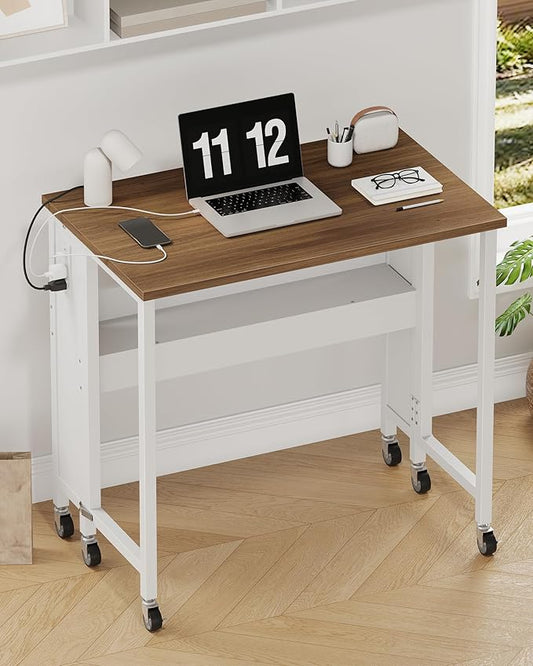 31.5" Modern Folding Computer Desk with Power Outlets, Wheels, Storage, Perfect for Small Spaces Rustic Brown and White TDN01UWL-NeatNest