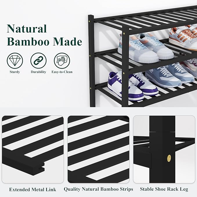 Smiry Shoe Rack, 2 Tier Thick Bamboo Shoe Organizer, Stackable Free Standing Wooden Shoe Storage Shelf for Closet, Entryway, Front Door Entrance, Black-NeatNest