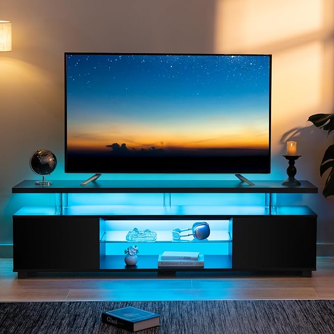 Black TV Stand,Glass TV Stands for Living Room,TV Stand for 75+ inch TV,Long TV Cabinet for Living Room,Bedroom,Home Office-NeatNest