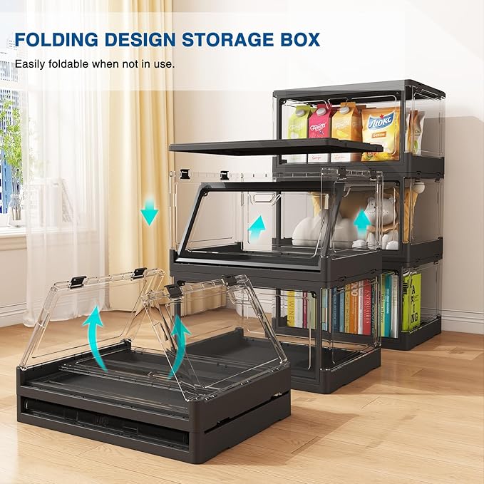3-Pack Clear Stackable Storage Bins with Lids Magnetic Doors Open Front Foldable Folding Plastic Craft Containers Large Closet Organizers Box for Bedrooms Living Rooms Study 24 QT
