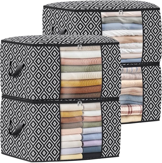 Direct 100L, 4 Pack, Storage Containers, Large Clothes Storage Bins Foldable Organization and Storage Bags with Reinforced Handle, Clear Window for Bedding, Blankets, Clothing, Black-NeatNest